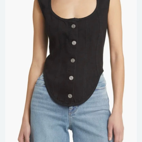Frame Denim Black silver buttons Seamed Scoop Bustier top 100% cotton Sz 2 - Picture 3 of 9